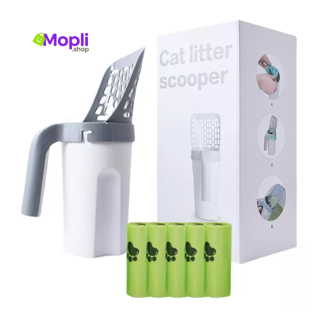 Recogedor de arena para gatos con bolsa y soporte – Limpieza sin contacto