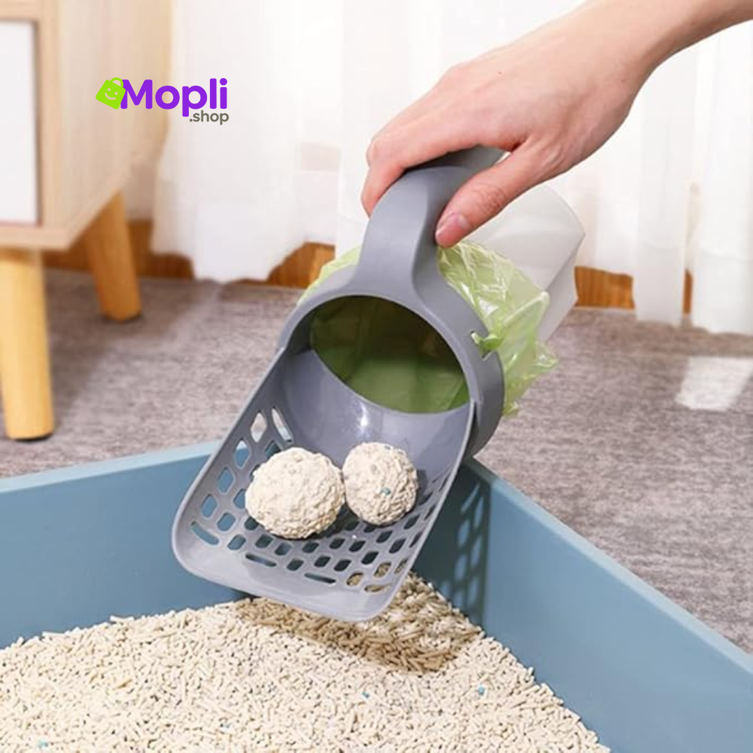 Recogedor de arena para gatos con bolsa y soporte – Limpieza sin contacto