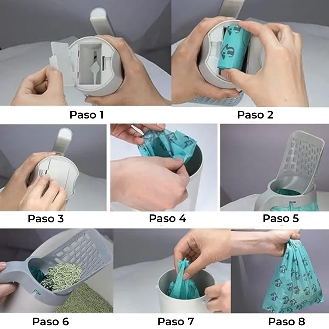 Recogedor de arena para gatos con bolsa y soporte – Limpieza sin contacto